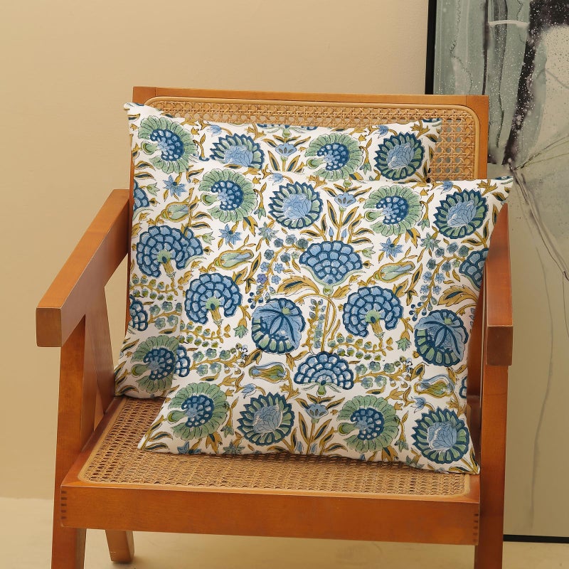 DAFENA Boho Pillow Covers 18x18 Inch 2 Pcs Blue Yellow Green Vintage Floral Decor Throw Pillows Block Print Flower Outdoor Farmhouse Decoration Pillowcase Cotton Cushion Cover for Couch Sofa - Image 2