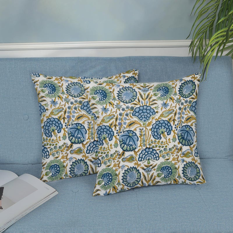 DAFENA Boho Pillow Covers 18x18 Inch 2 Pcs Blue Yellow Green Vintage Floral Decor Throw Pillows Block Print Flower Outdoor Farmhouse Decoration Pillowcase Cotton Cushion Cover for Couch Sofa - Image 4