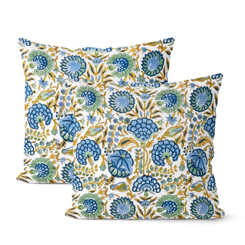 DAFENA Boho Pillow Covers 18x18 Inch 2 Pcs Blue Yellow Green Vintage Floral Decor Throw Pillows Block Print Flower Outdoor Farmhouse Decoration Pillowcase Cotton Cushion Cover for Couch Sofa - Image 1