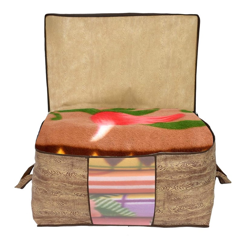 Kuber Industries Wooden Print Foldable Clothes Storage Bag Wardrobe Organizer Non Woven Fabric for ComfortersBlanketsBedding with Sturdy ZipperClear Window Set of 6Brown - Image 3