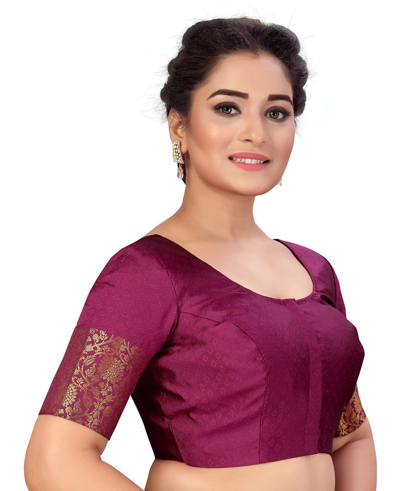 Studio Shringaar Women's Readymade Brocade Saree Blouse with Kanjivaram Border Elbow Length Sleeves(Wine, 38) - Image 2