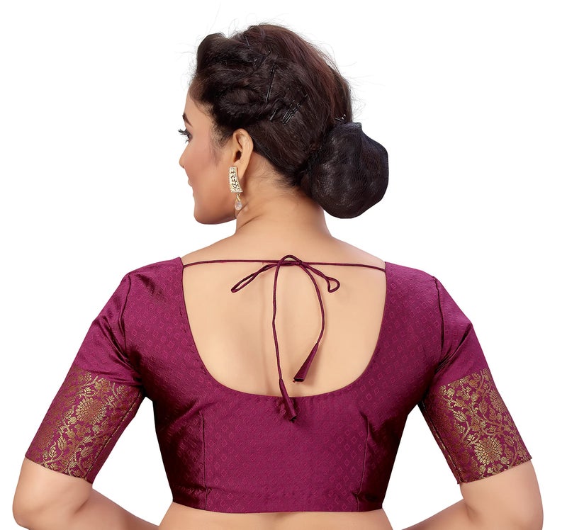 Studio Shringaar Women's Readymade Brocade Saree Blouse with Kanjivaram Border Elbow Length Sleeves(Wine, 38) - Image 4