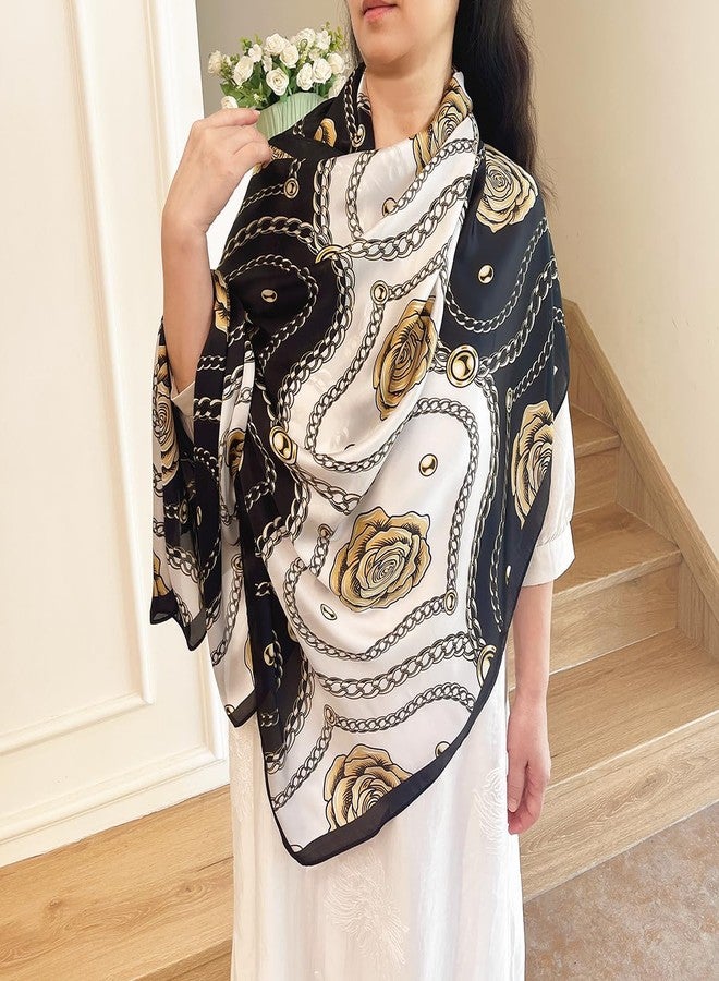 FONYVE Long Silk Like Scarf Lightweight Satin Scarves Large Sunscreen Shawl Wrap for Women, 018.chains and Flowers Black, L - Image 3