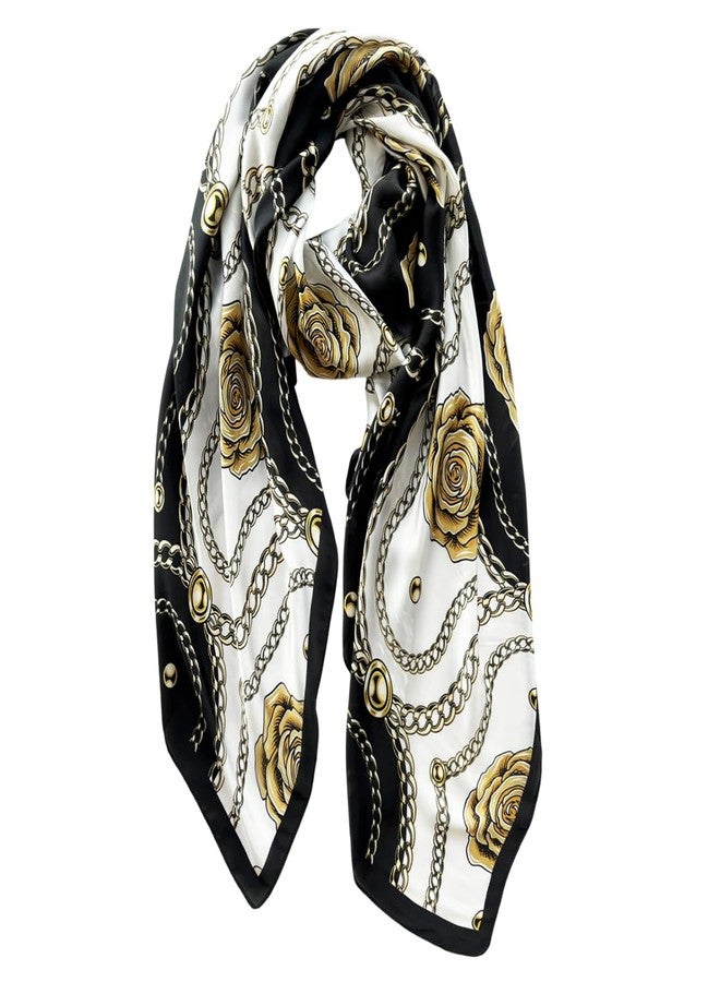 FONYVE Long Silk Like Scarf Lightweight Satin Scarves Large Sunscreen Shawl Wrap for Women, 018.chains and Flowers Black, L - Image 1
