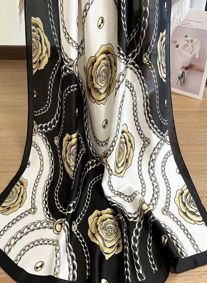 FONYVE Long Silk Like Scarf Lightweight Satin Scarves Large Sunscreen Shawl Wrap for Women, 018.chains and Flowers Black, L - Image 5