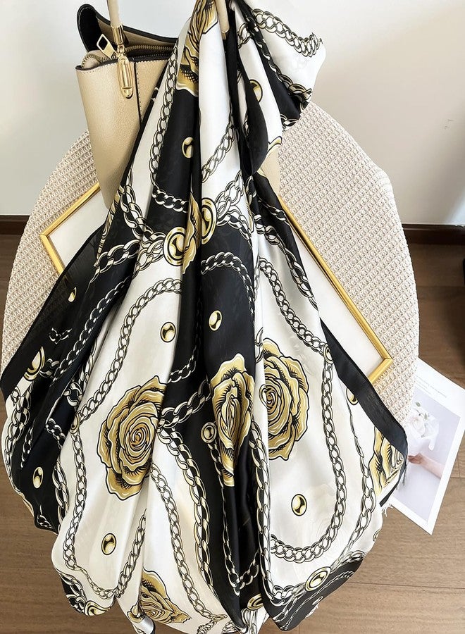 FONYVE Long Silk Like Scarf Lightweight Satin Scarves Large Sunscreen Shawl Wrap for Women, 018.chains and Flowers Black, L - Image 4