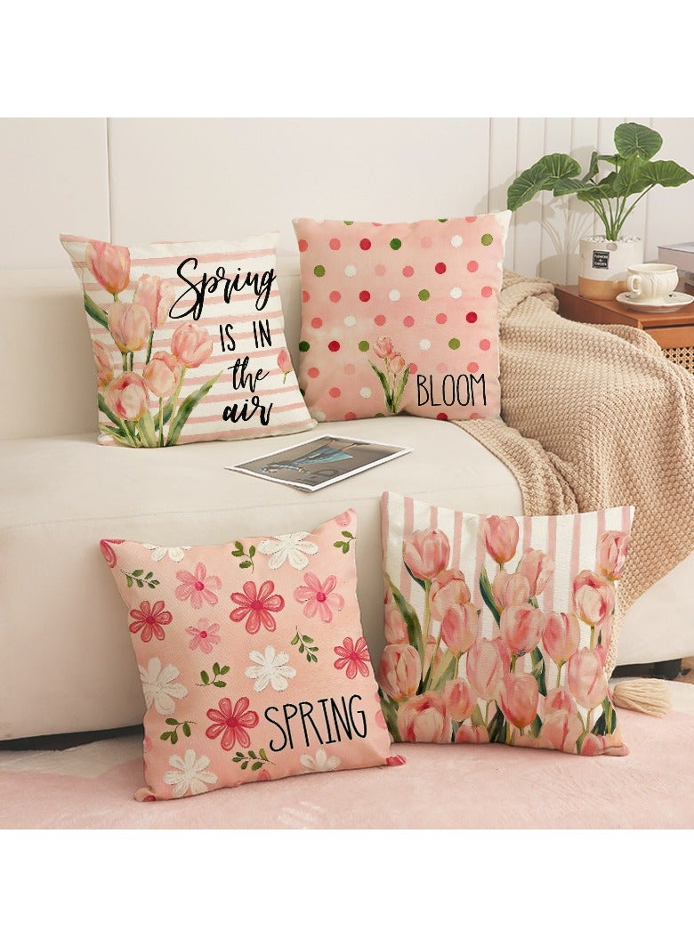 4 Pcs Ins Style Tulip Printed Pillow Covers 45*45cm Linen Texture Sofa Window Cushion Covers Home Decor Only Covers - Image 1