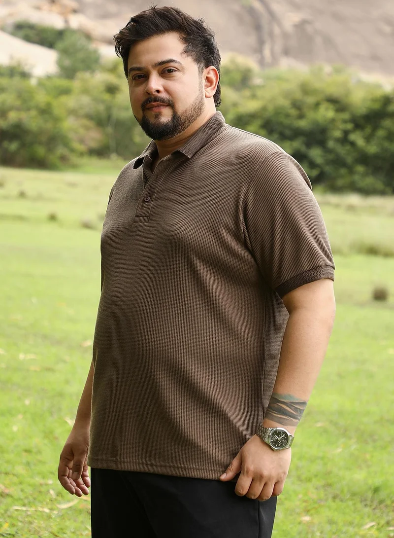Instafab Plus Instafab Plus Men Textured-Knit Polo T-Shirt | Jacquard Polo Neck , Short Cuff Sleeves | Half-Button Closure , Straight Hem | Solid Jacquard | Knit Fabric For Casual & Daily Wear | Chocolate Brown