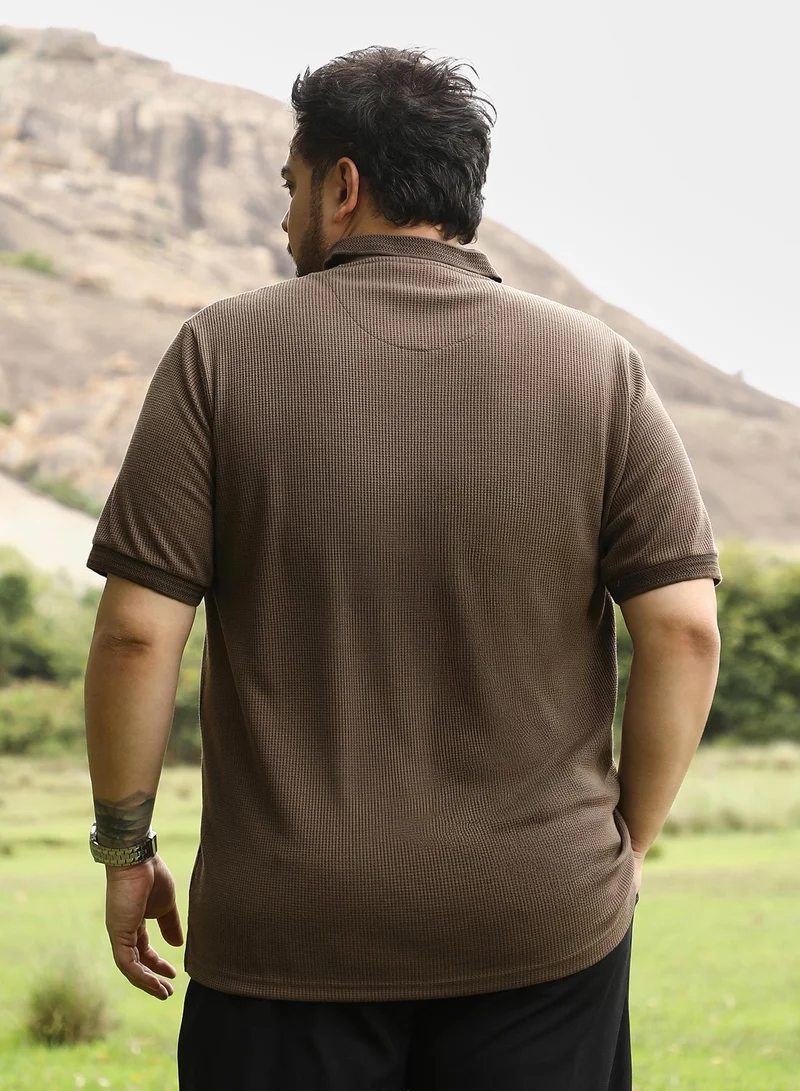 Instafab Plus Instafab Plus Men Textured-Knit Polo T-Shirt | Jacquard Polo Neck , Short Cuff Sleeves | Half-Button Closure , Straight Hem | Solid Jacquard | Knit Fabric For Casual & Daily Wear | Chocolate Brown