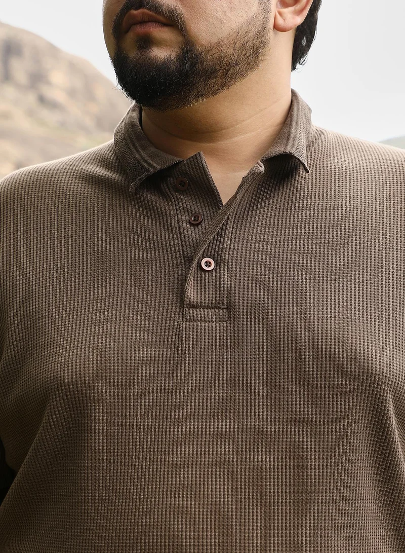 Instafab Plus Instafab Plus Men Textured-Knit Polo T-Shirt | Jacquard Polo Neck , Short Cuff Sleeves | Half-Button Closure , Straight Hem | Solid Jacquard | Knit Fabric For Casual & Daily Wear | Chocolate Brown