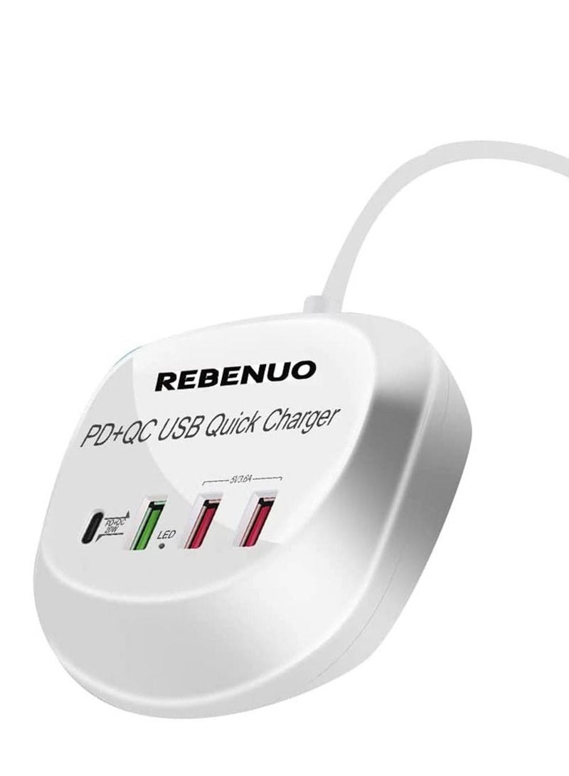 Rebenuo 4 In 1 USB With Type-C PD Quick Charger, LED Lights, Multi Port Fast Charger, 1.2m Cable Length, Standard Voltage AC100-240V, White - Image 3