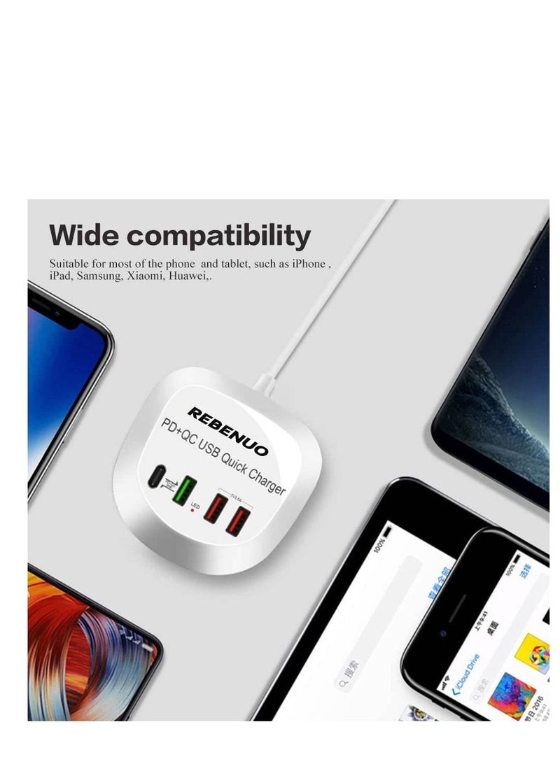 Rebenuo 4 In 1 USB With Type-C PD Quick Charger, LED Lights, Multi Port Fast Charger, 1.2m Cable Length, Standard Voltage AC100-240V, White - Image 5