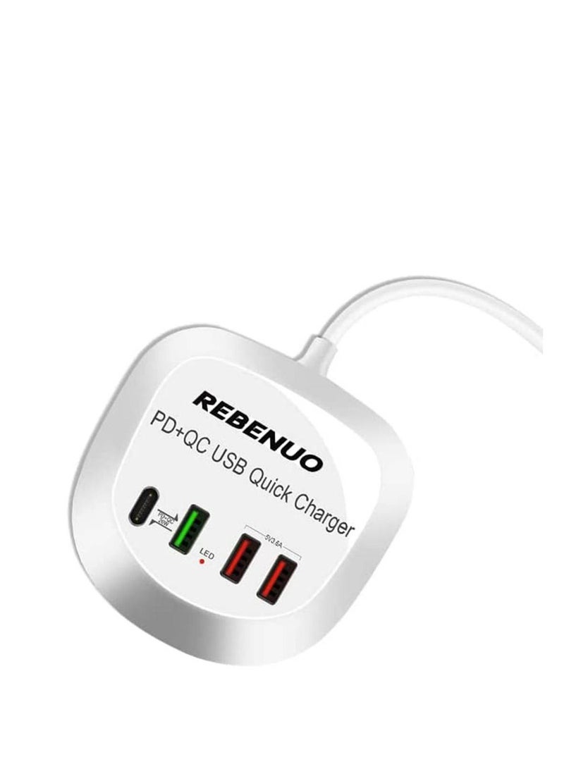 Rebenuo 4 In 1 USB With Type-C PD Quick Charger, LED Lights, Multi Port Fast Charger, 1.2m Cable Length, Standard Voltage AC100-240V, White - Image 2