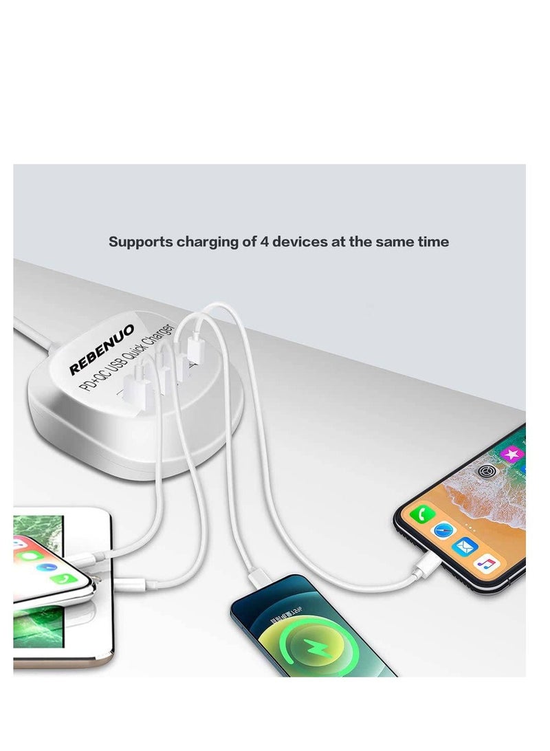 Rebenuo 4 In 1 USB With Type-C PD Quick Charger, LED Lights, Multi Port Fast Charger, 1.2m Cable Length, Standard Voltage AC100-240V, White - Image 4