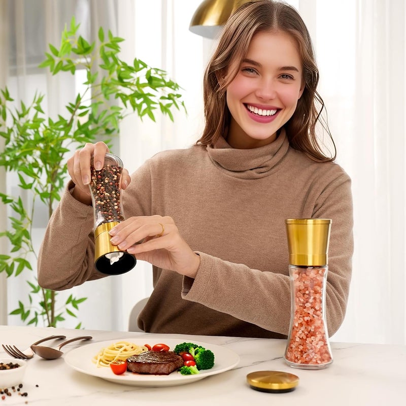 VEVOK CHEF مجموعة مطحنة الملح والفلفل الذهبية من VEVOK CHEF، مطحنة فلفل من الفولاذ المقاوم للصدق، قابلة للتعديل بسماكة خزفية، مطحنة ملح، مطحنة بهارات فلفل أسود - Image 2