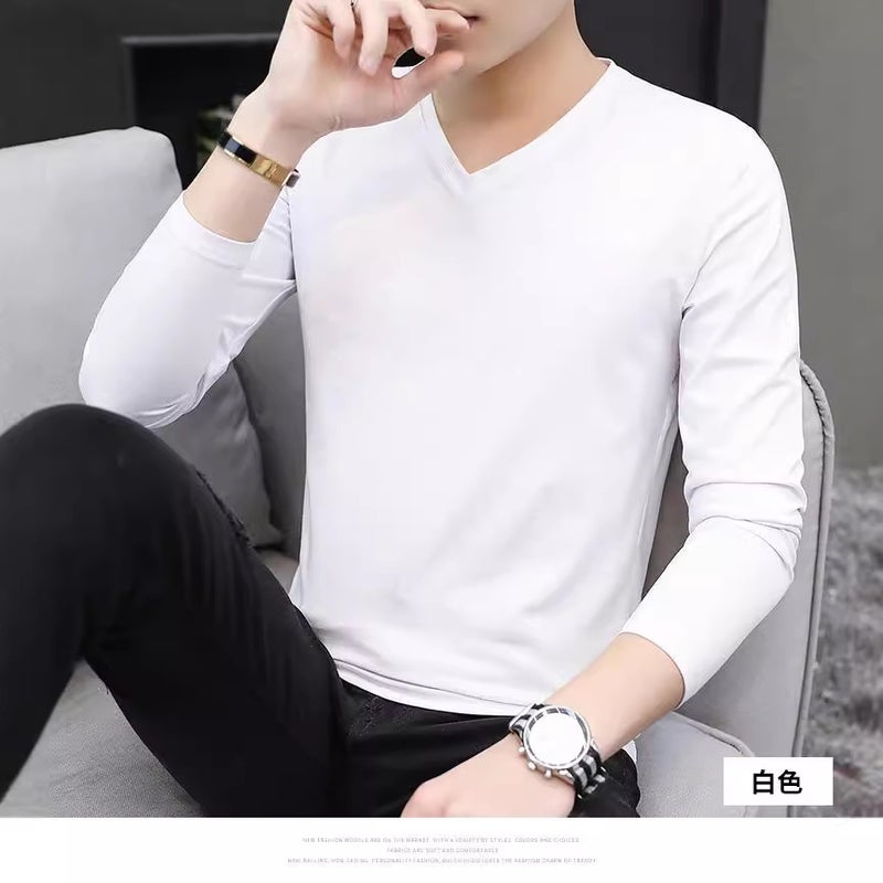 2021 New Long-Sleeved T-Shirt Men's V Neck Bottoming Shirt Autumn and Winter White Autumn Clothes with Autumn Clothes for Men Thin Section - Image 4