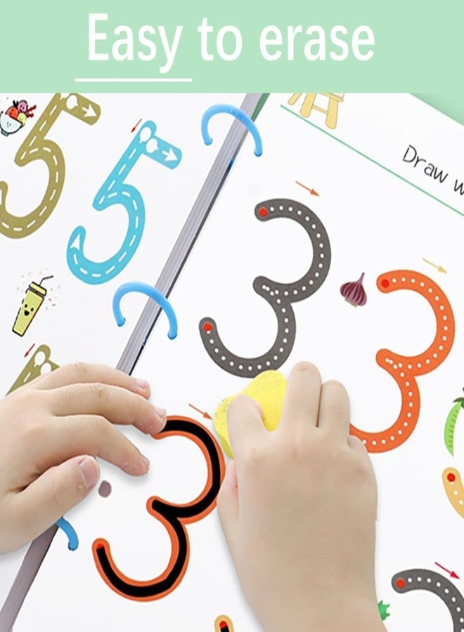 AMENDAS مجموعة كتب تدريب التتبع السحرية، 64 صفحة، كتاب تدريب على كتابة الحروف والأرقام للأطفال، قلم كتابة قابل لإعادة الاستخدام، تدريب على التحكم في الكتابة اليدوية لمرحلة ما قبل المدرسة - Image 3
