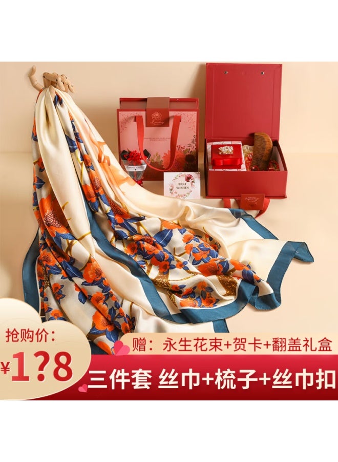 Hang Silk House Hangsi Mansion Silk Scarf Gift Box Set Group Purchase Souvenir Women Practical Mother's Day Gift For Elderly Birthday Gift Buttoned Comb - Image 1