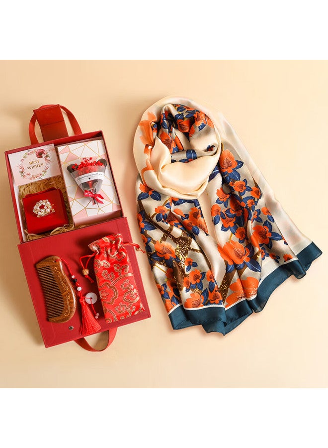 Hang Silk House Hangsi Mansion Silk Scarf Gift Box Set Group Purchase Souvenir Women Practical Mother's Day Gift For Elderly Birthday Gift Buttoned Comb - Image 2