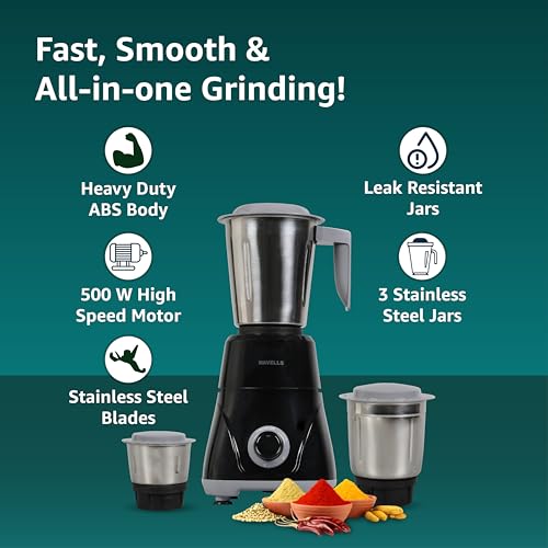 Havells Pulse 500 Watt Mixer Grinder|3 Stainless Steel Leak-Resistant Jars (400ml, 800ml, 1.2L)|3 Speed Control|Heavy-Duty ABS Body|Durable SS Blades|Air Vent Technology |1 Year Product Warranty|Black - Image 3