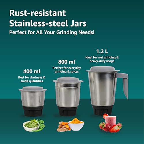 Havells Pulse 500 Watt Mixer Grinder|3 Stainless Steel Leak-Resistant Jars (400ml, 800ml, 1.2L)|3 Speed Control|Heavy-Duty ABS Body|Durable SS Blades|Air Vent Technology |1 Year Product Warranty|Black - Image 2