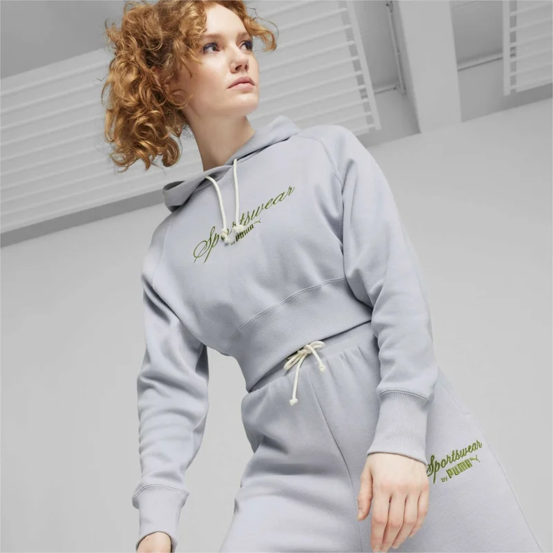 بوما Women's Gray Fog Classics+ Relaxed Cropped Hoodie Gray Women's Sweatshirt