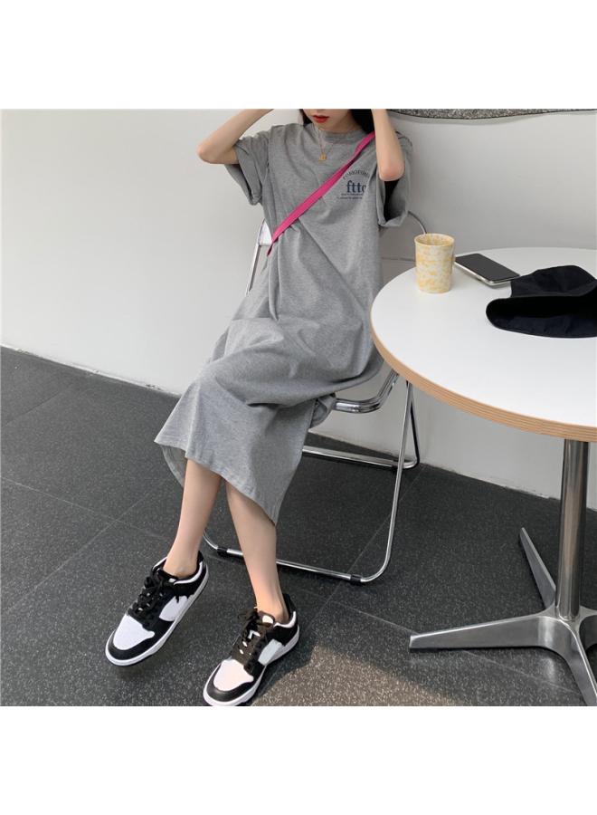South Korea Plus Size T-shirt Women's Summer Loose Over-the-knee Long Skirt Split Dress Women's Long Top Base Shirt