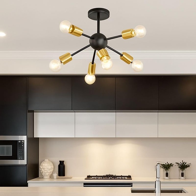 Modern Sputnik Chandelier, 6-Light Semi Flush Mount Ceiling Light, Black and Gold - Image 2