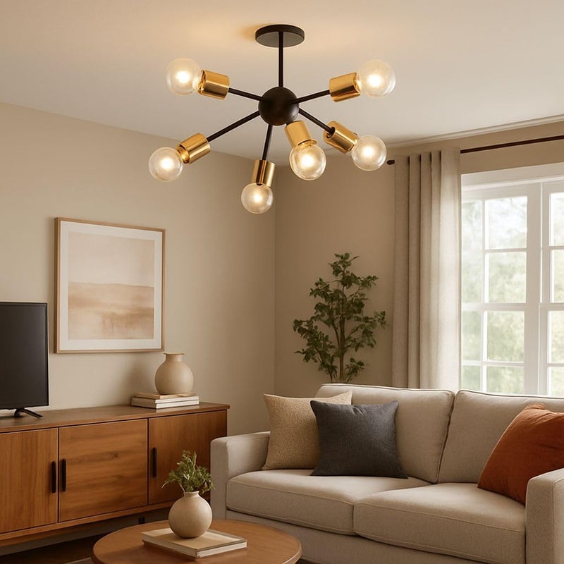 Modern Sputnik Chandelier, 6-Light Semi Flush Mount Ceiling Light, Black and Gold - Image 1