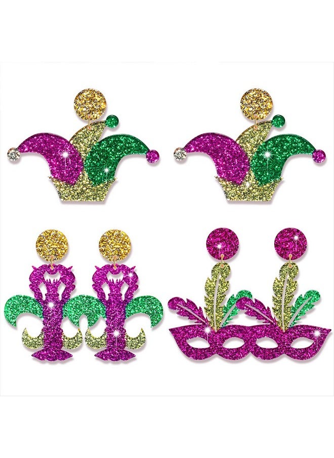 PHALIN - Mardi Gras Earrings For Women, Lightweight Mardi Gras Accessory, Acrylic Fleur De Lis Mask Crown Earrings Carnival Mardi Gras Parades Party Earrings, Fat Tuesday Jewelry Gift(Style B) - Image 1