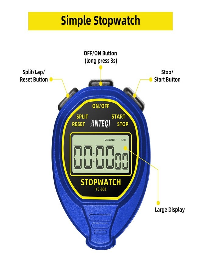 ANTEQI Waterproof Stopwatch Timer, Large Display Simple Silent Stop Watch with ON/Off Function No Clock No Calendar No Alarm Basic Operation for Sports Coaches Swimming Running Training, Blue - Image 2
