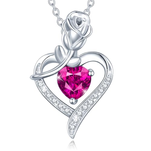 AGVANA October Birthstone Jewelry Pink Tourmaline Necklace for Women Sterling Silver Rose Flower Heart Pendant Necklace Fine Jewelry Anniversary Birthday Gifts for Women Mom Wife - Image 1