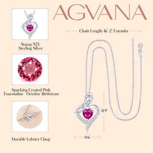 AGVANA October Birthstone Jewelry Pink Tourmaline Necklace for Women Sterling Silver Rose Flower Heart Pendant Necklace Fine Jewelry Anniversary Birthday Gifts for Women Mom Wife - Image 5