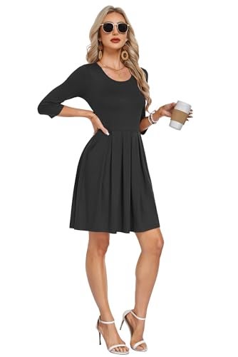 AUSELILY Women's Black Dress Pleated Loose Swing Knee Length Dresses with Pockets, Black L - Image 5