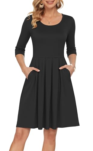 AUSELILY Women's Black Dress Pleated Loose Swing Knee Length Dresses with Pockets, Black L - Image 1