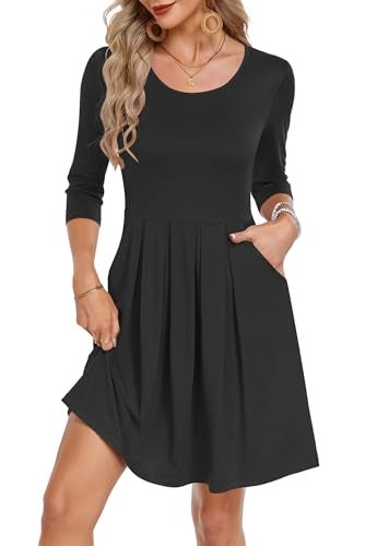 AUSELILY Women's Black Dress Pleated Loose Swing Knee Length Dresses with Pockets, Black L - Image 2