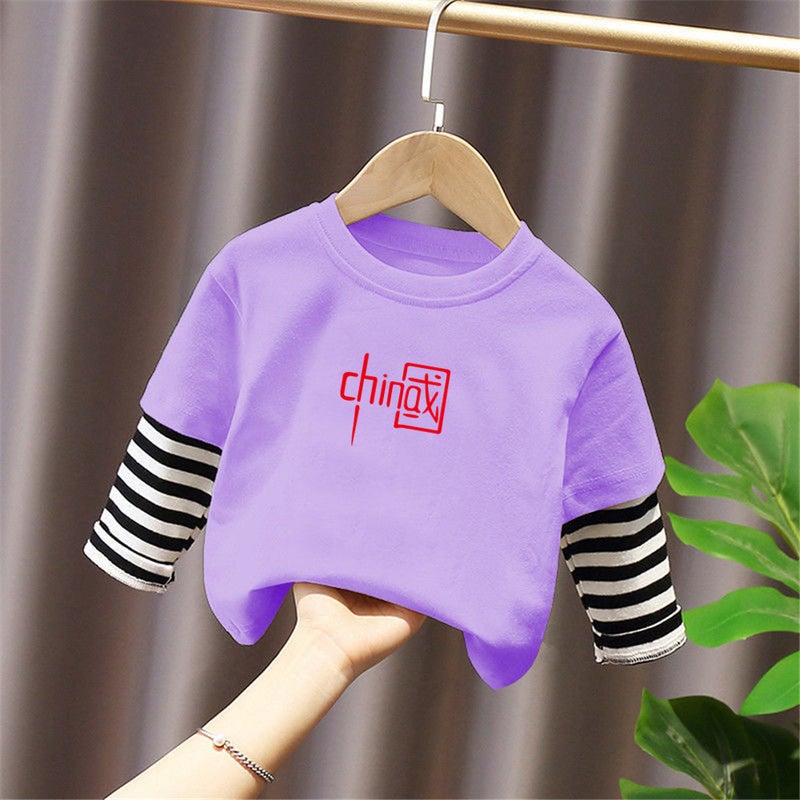 G2172# New Striped Long Sleeve Fake Two-Piece T-Shirt Base Shirt Jacket Joker Loose Children'S Wear For Boys And Girls - Image 1