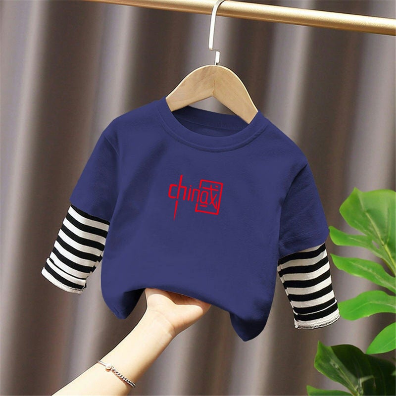 G2172# New Striped Long Sleeve Fake Two-Piece T-Shirt Base Shirt Jacket Joker Loose Children'S Wear For Boys And Girls - Image 4