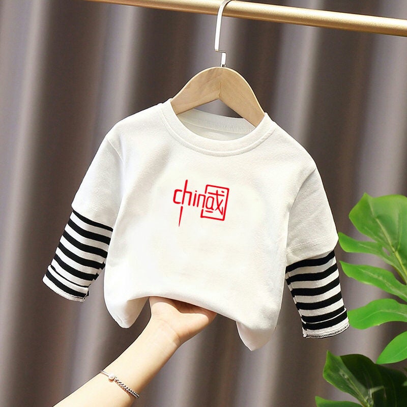 G2172# New Striped Long Sleeve Fake Two-Piece T-Shirt Base Shirt Jacket Joker Loose Children'S Wear For Boys And Girls - Image 5