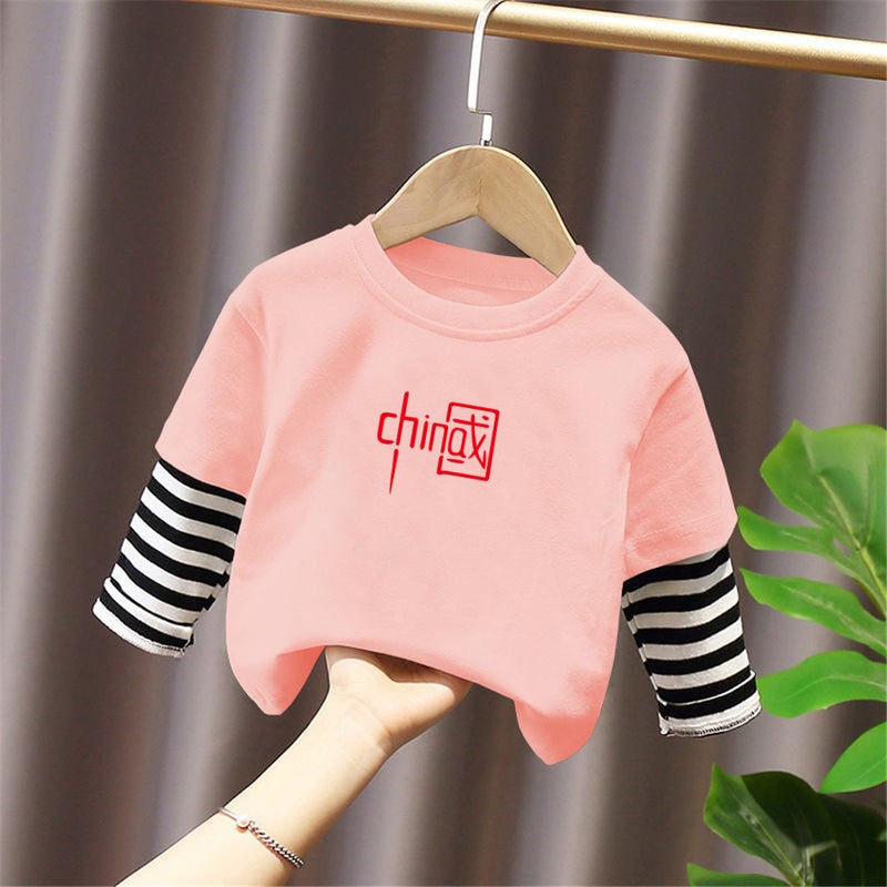 G2172# New Striped Long Sleeve Fake Two-Piece T-Shirt Base Shirt Jacket Joker Loose Children'S Wear For Boys And Girls - Image 2