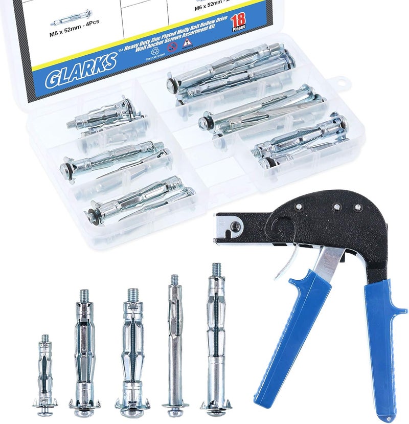 Glarks Heavy Duty Gun Wall Anchor Metal Setting Tool with Molly Bolt Hollow Drive Wall Anchor Screws Assortment Kit for Cavity Anchor Plasterboard Fixing - Image 1