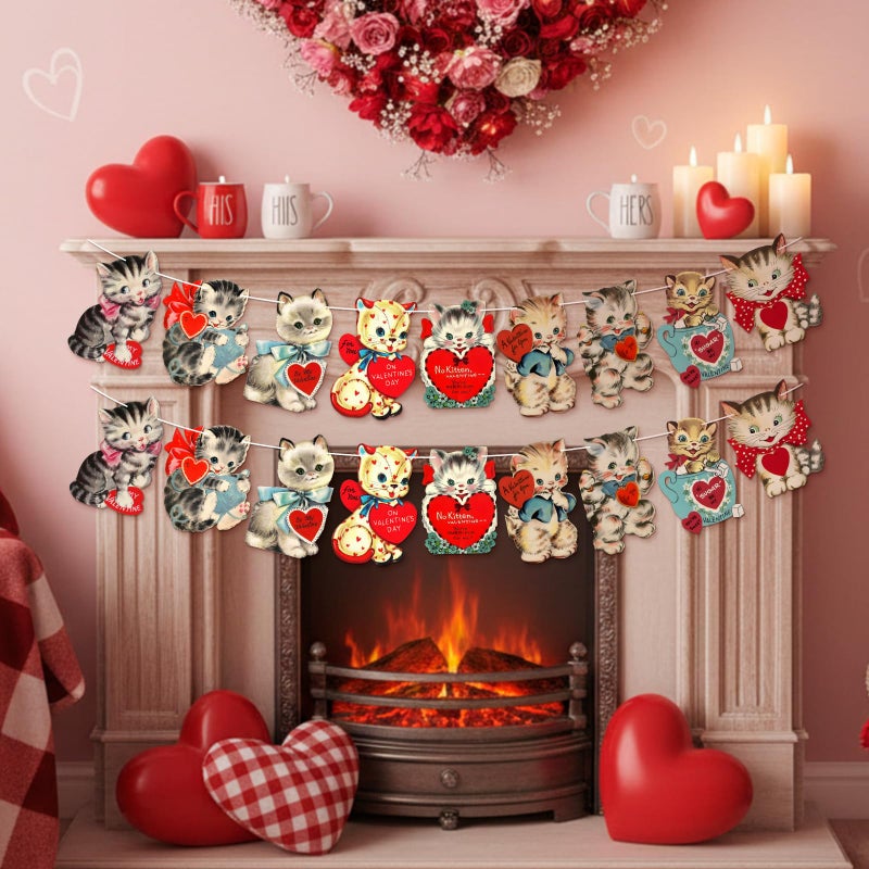 Marsui 2 Pcs Valentines Day Decor Vintage Valentine Banner Garland Traditional Retro Party Hanging Bunting Banner Cat Card for Home Office Fireplace Wall Party Decorations Supplies Set of 18 Pcs Cards - Image 2
