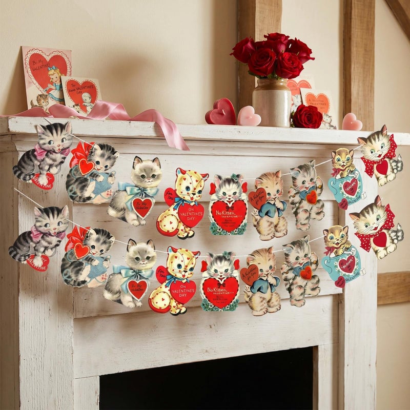 Marsui 2 Pcs Valentines Day Decor Vintage Valentine Banner Garland Traditional Retro Party Hanging Bunting Banner Cat Card for Home Office Fireplace Wall Party Decorations Supplies Set of 18 Pcs Cards - Image 1