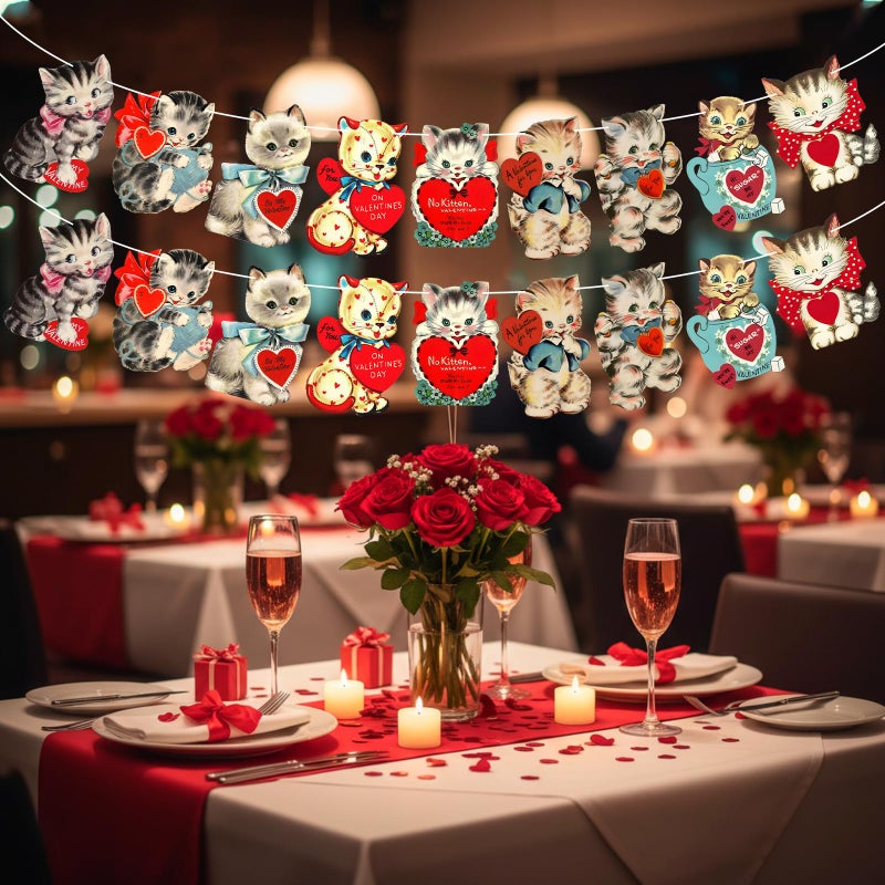 Marsui 2 Pcs Valentines Day Decor Vintage Valentine Banner Garland Traditional Retro Party Hanging Bunting Banner Cat Card for Home Office Fireplace Wall Party Decorations Supplies Set of 18 Pcs Cards - Image 4