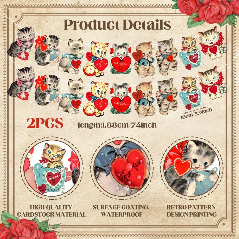 Marsui 2 Pcs Valentines Day Decor Vintage Valentine Banner Garland Traditional Retro Party Hanging Bunting Banner Cat Card for Home Office Fireplace Wall Party Decorations Supplies Set of 18 Pcs Cards - Image 3