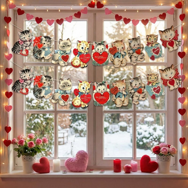 Marsui 2 Pcs Valentines Day Decor Vintage Valentine Banner Garland Traditional Retro Party Hanging Bunting Banner Cat Card for Home Office Fireplace Wall Party Decorations Supplies Set of 18 Pcs Cards - Image 5