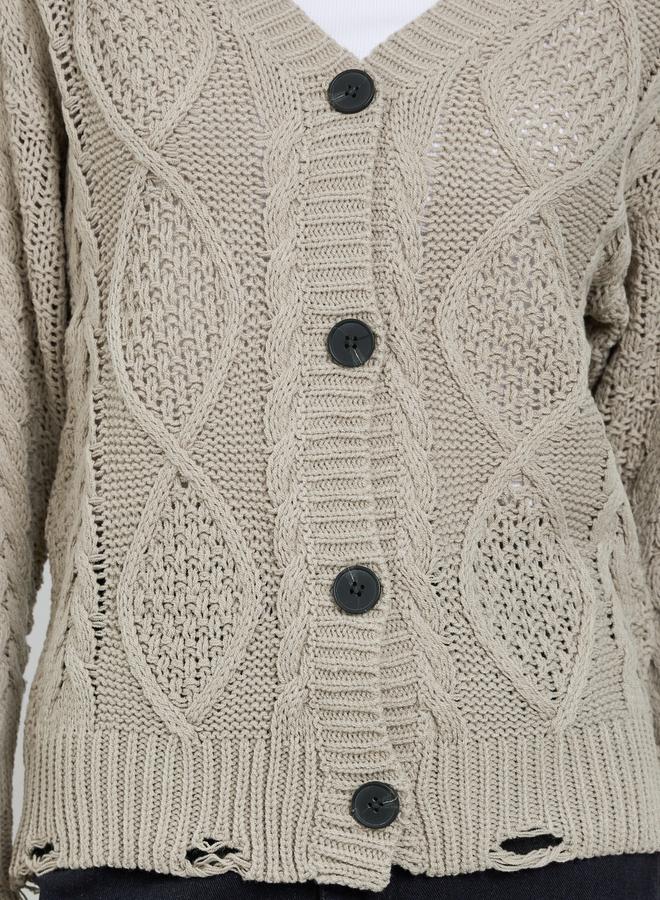 Take Two Beige Cable Knit Ripped Detail Cardigan - Image 3