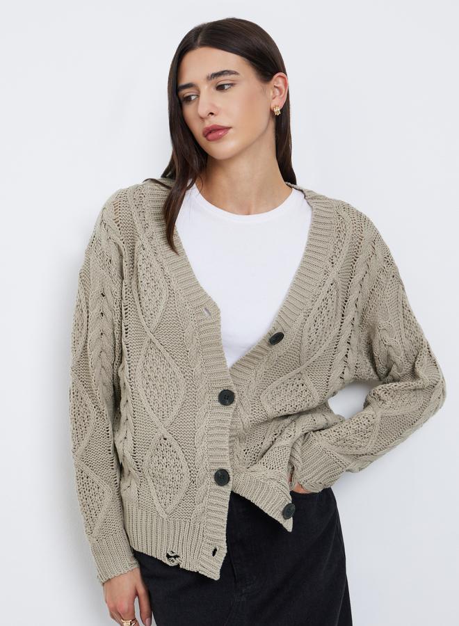Take Two Beige Cable Knit Ripped Detail Cardigan - Image 1