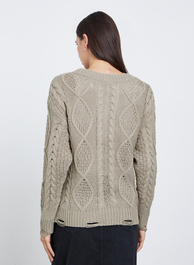 Take Two Beige Cable Knit Ripped Detail Cardigan - Image 4