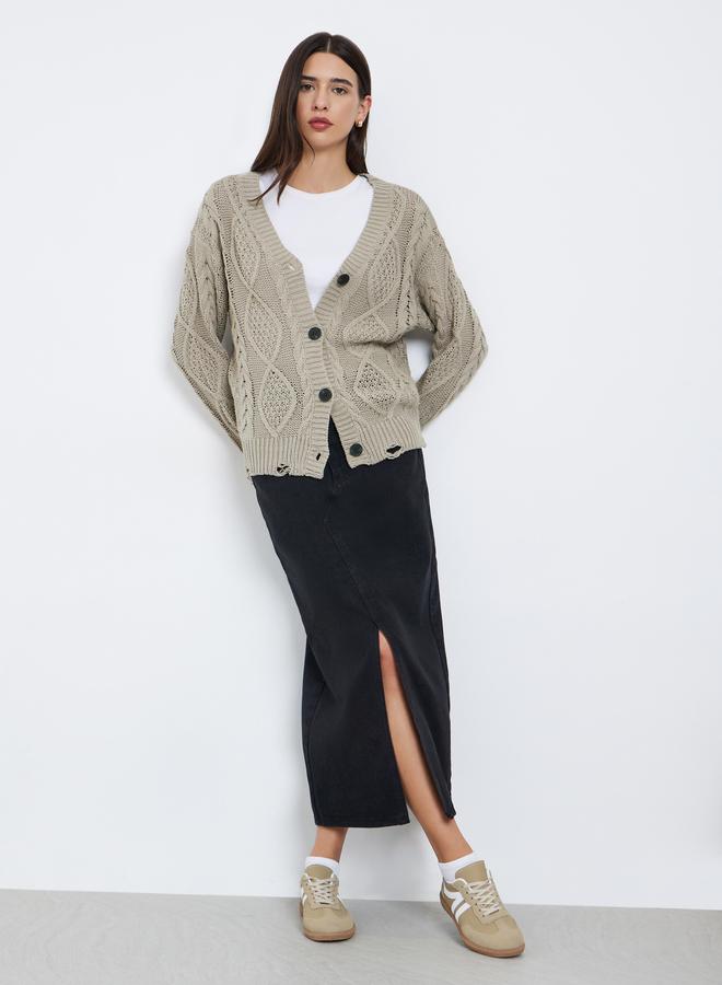 Take Two Beige Cable Knit Ripped Detail Cardigan - Image 2